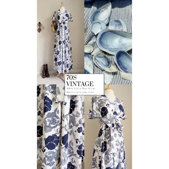 70s White & Blue Floral Print Flutter Sleeve Feminine 1970s Empire Maxi Dress - Picture 2 of 16